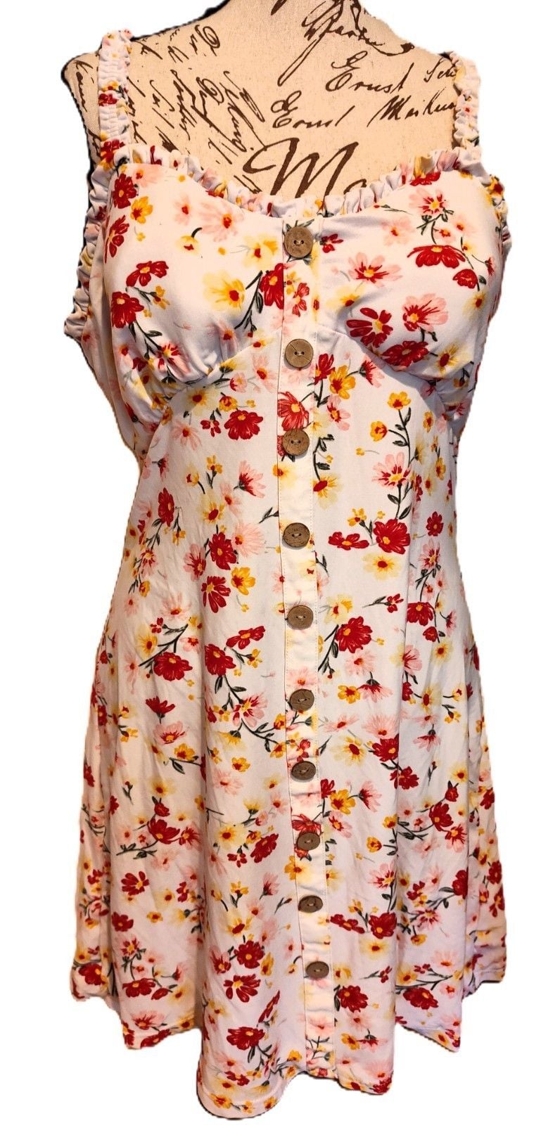 Sexy Soft White Cotton Stretch Sundress w Padded bra Ruffle Trim Adjustable Sz L 2