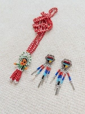 VTG Native Style Beaded Chief Necklace & Silver Tone Inlay Earring Lot 2pc 1