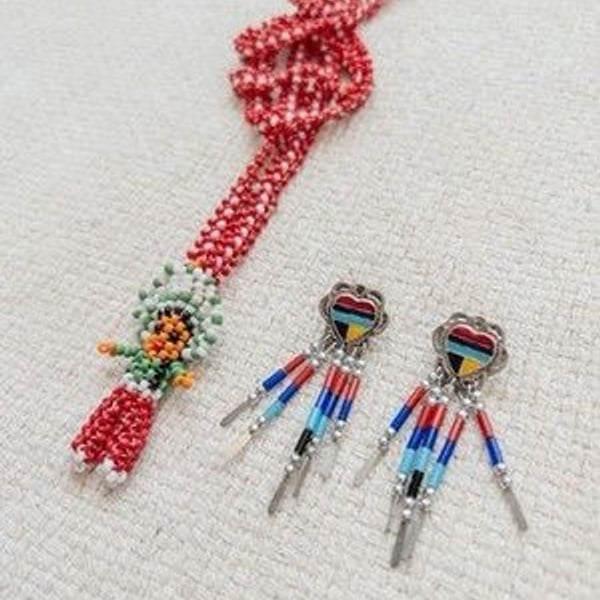 VTG Native Style Beaded Chief Necklace & Silver Tone Inlay Earring Lot 2pc
