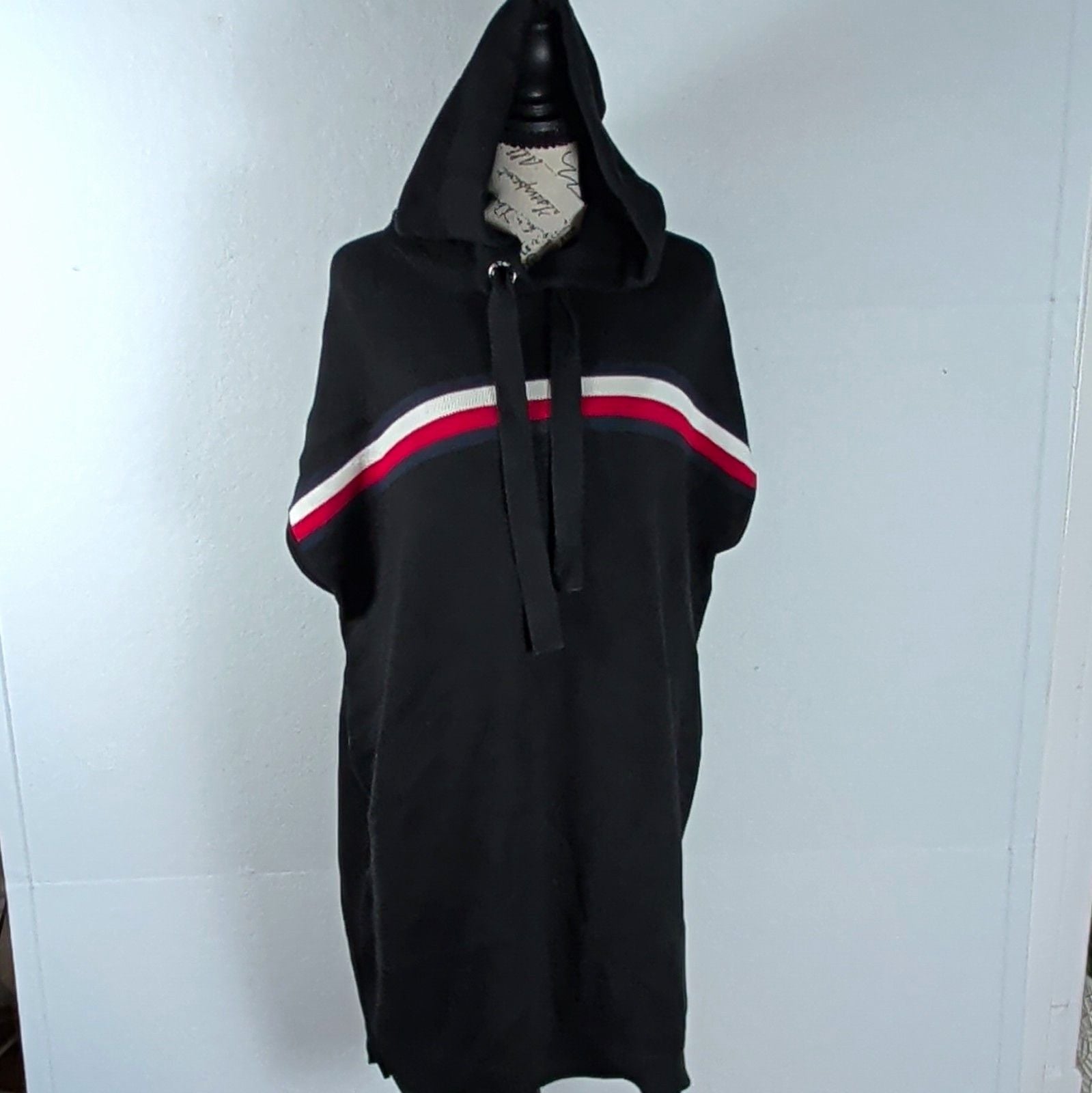 Tommy Hilfiger Hooded Sweater Dress XL Black Red White Striped Short Sleeve Knit 3