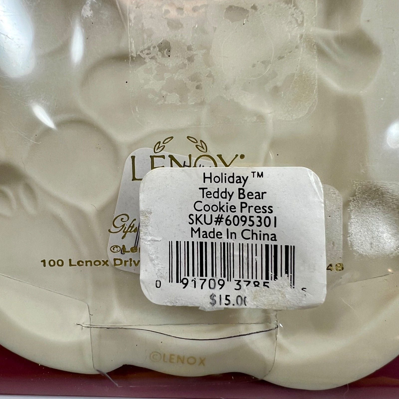 Lenox Holiday Teddy Bear Cookie Press Christmas Ornament Porcelain Holly Ribbon 12