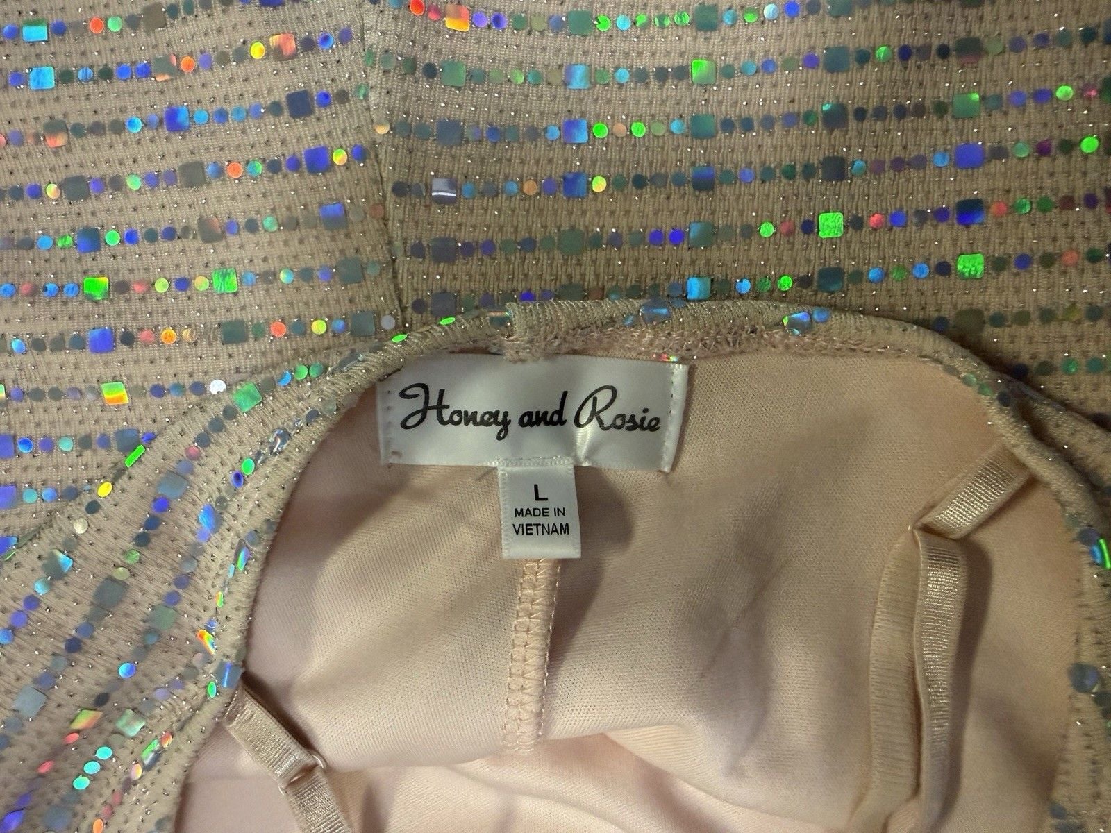 Honey and Rosie Sequin Mesh V-Neck Strappy Midi Bodycon Dress L Beige Multi 7