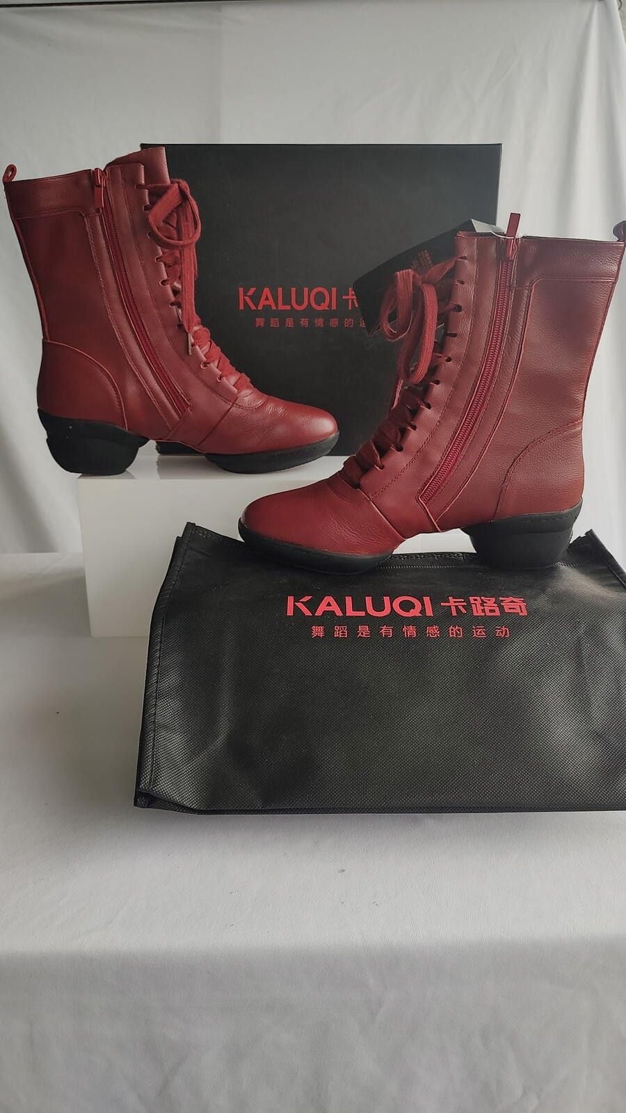 KALUQI Red Lace-Up Ankle Boots with Block Heel  8