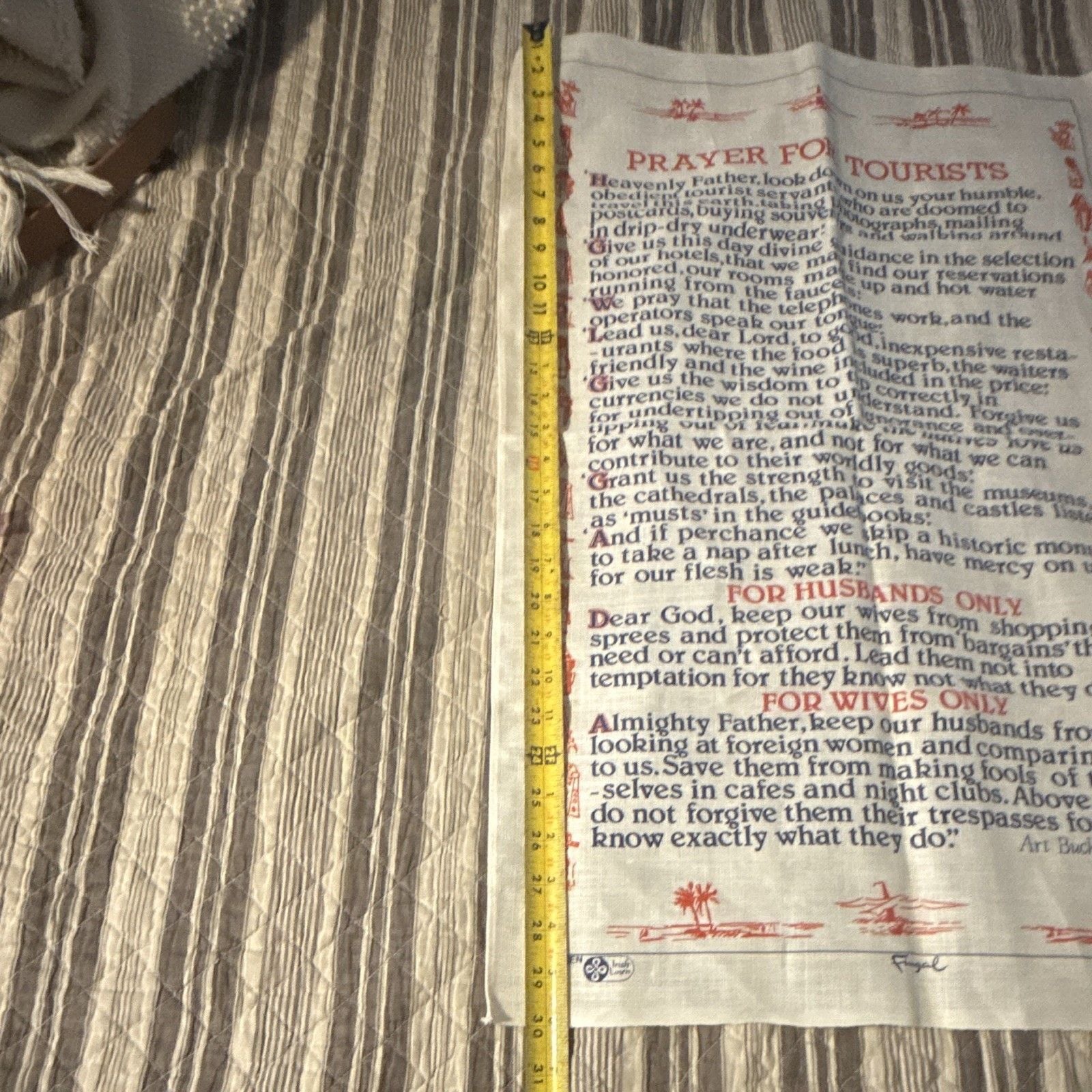 Prayer for Tourists Linen Tea Towel White Red Blue Made in Ireland Vintage 2