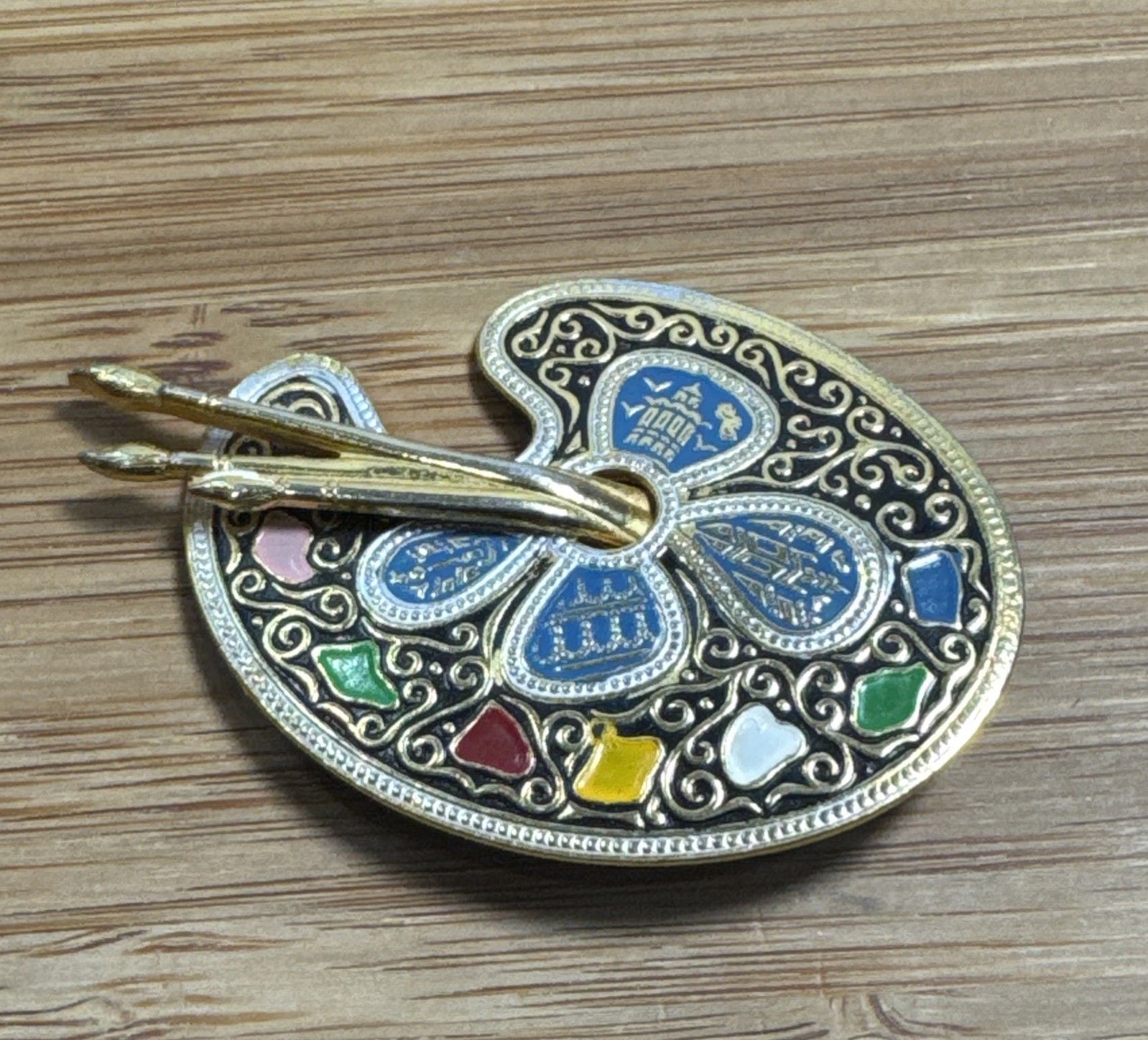 Vintage Gold Paint Palette w/Brushes Brooch Pin Damascene Spain 6