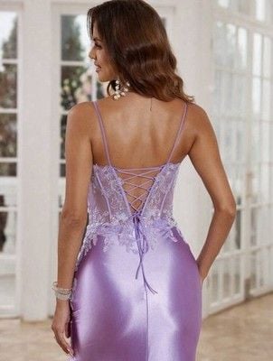 Satin Slit Lace-Up Formal Dress Deep V-Neck and Shimmering Lace Size Medium 4