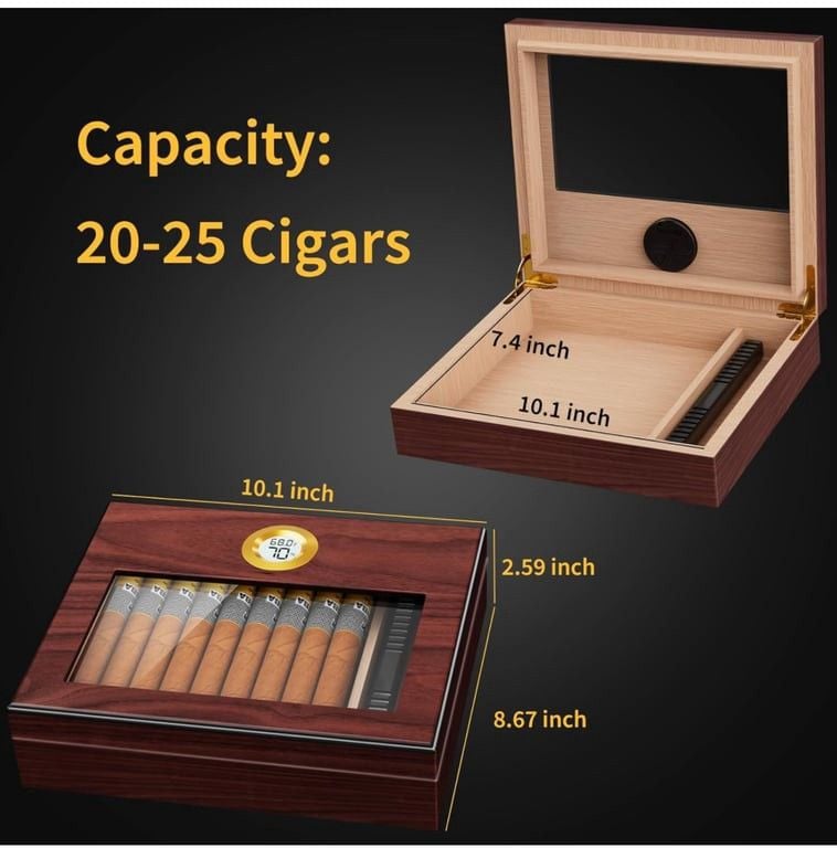 Cigar Humidor, Cigar Case Desktop Box with Humidifier and Accurate Digital Hygrometer,Tempered Glass Top Cigar Humidor Box with Thick Cedar Wood for 3