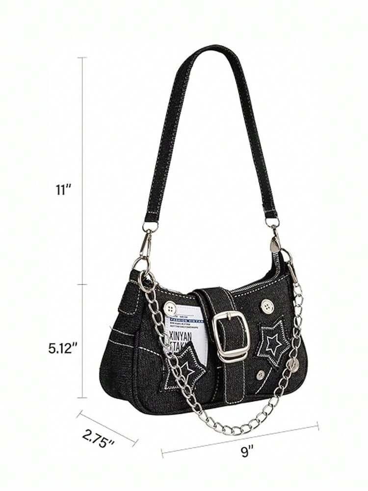 Y2K-Style Grunge Retro Denim Star Shoulder Hobo Bag Buckle Strap Silver Chain 8