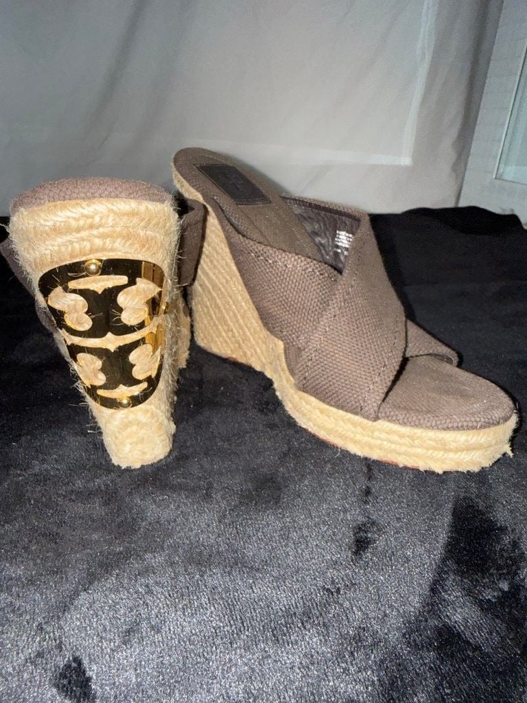 Tory Burch Brown Canvas Wedge Sandals with Gold Accent 2