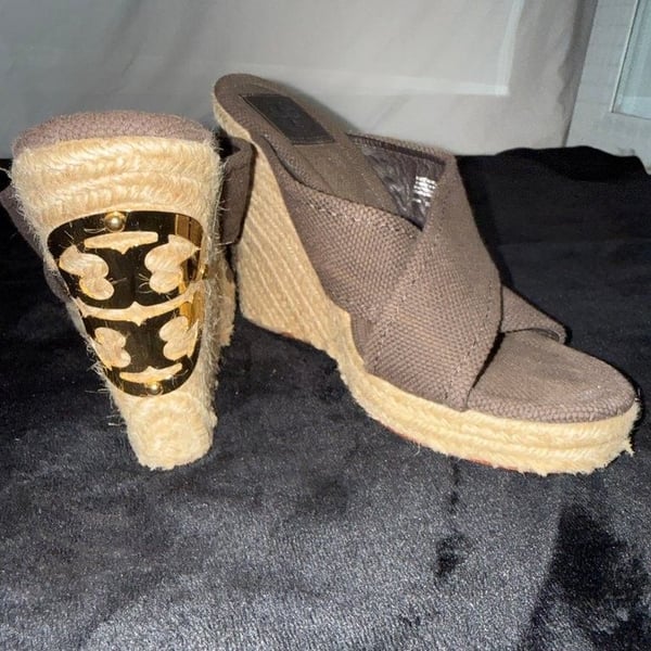 Tory Burch Brown Canvas Wedge Sandals with Gold Accent