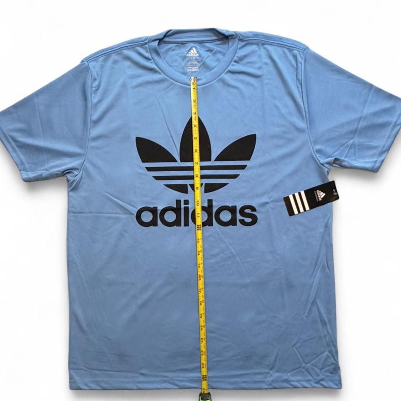 Adidas Originals blue polyester & cotton t-shirt with black logo size large dimensions in pictures brand new with tags. 3