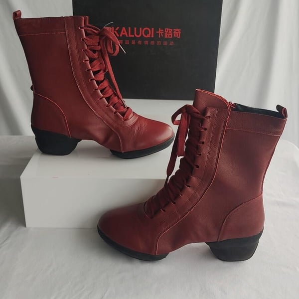 KALUQI Red Lace-Up Ankle Boots with Block Heel