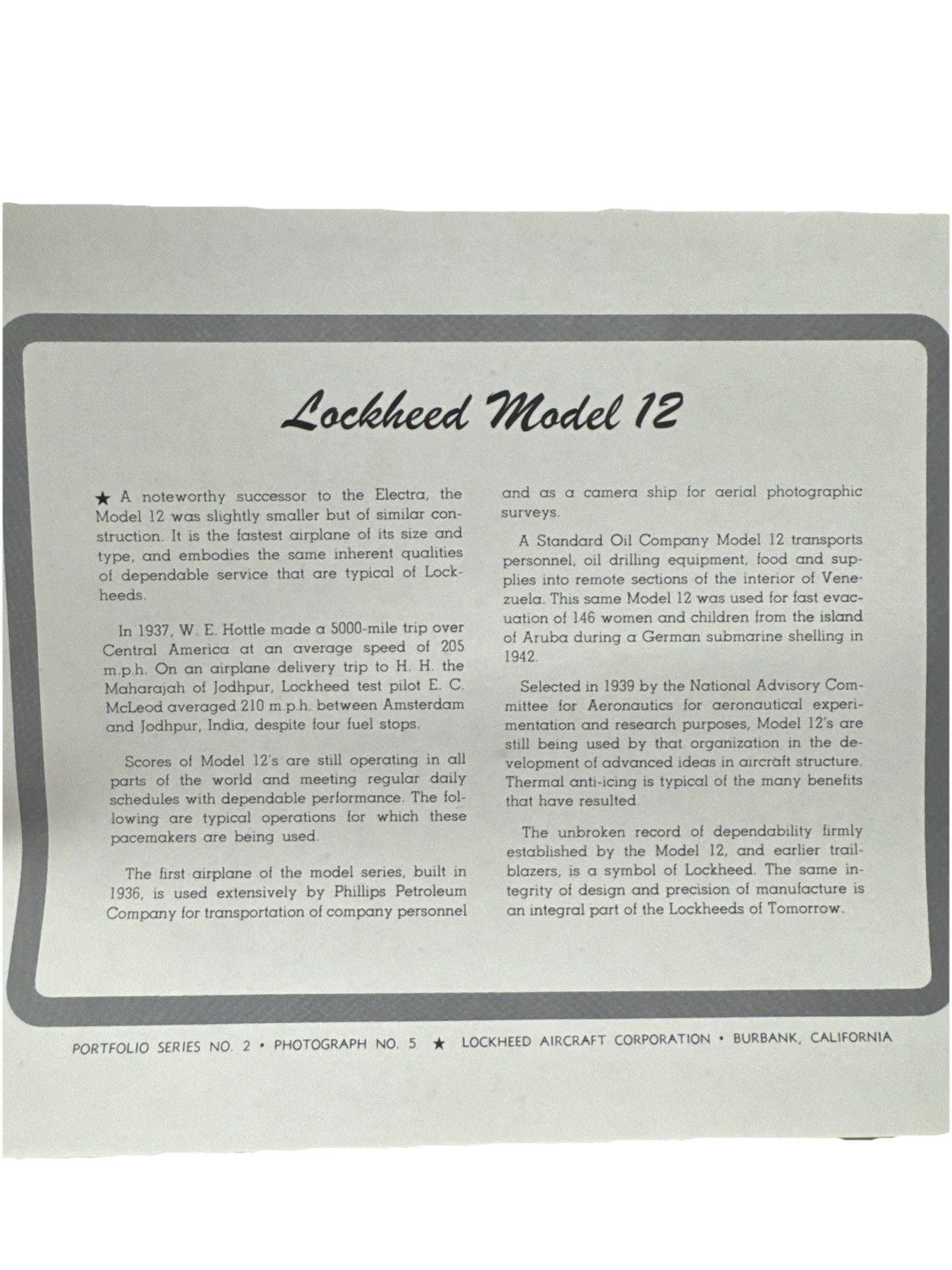 Set of 6 Vintage Lockheed Leadership Aircraft Corp Photographs Portfolio Folder 16