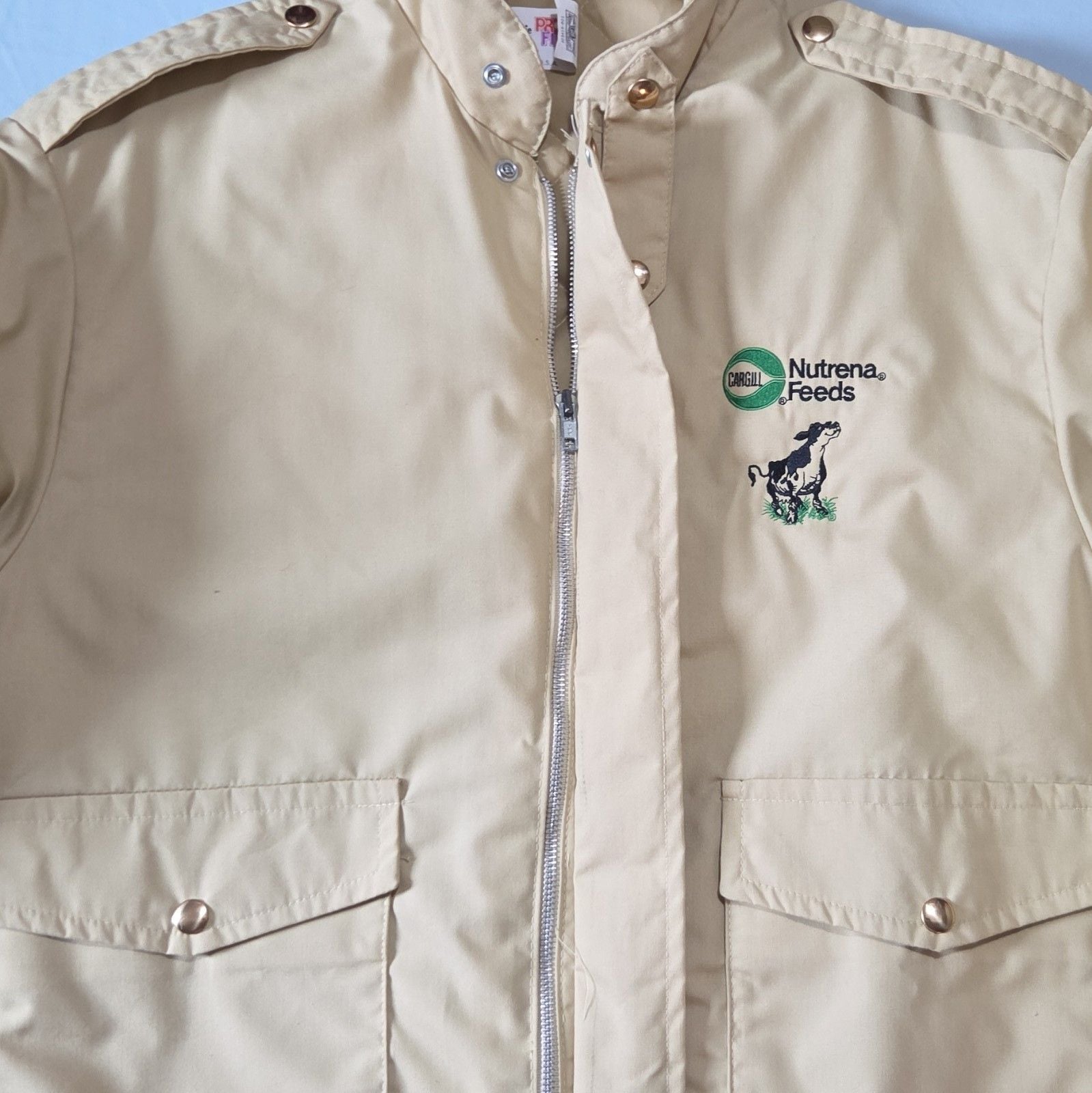 King Louie Beige Lined Bomber Jacket Nutrena Feeds Cow Embroidered Logo Size L 5
