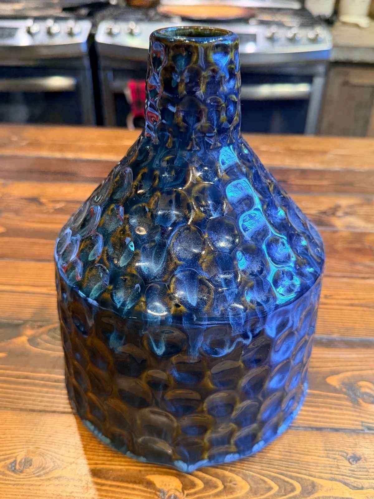 Modern Blue Brown Reactive Glaze Dimpled Honeycomb Ceramic Vase Handcrafted Lg 5