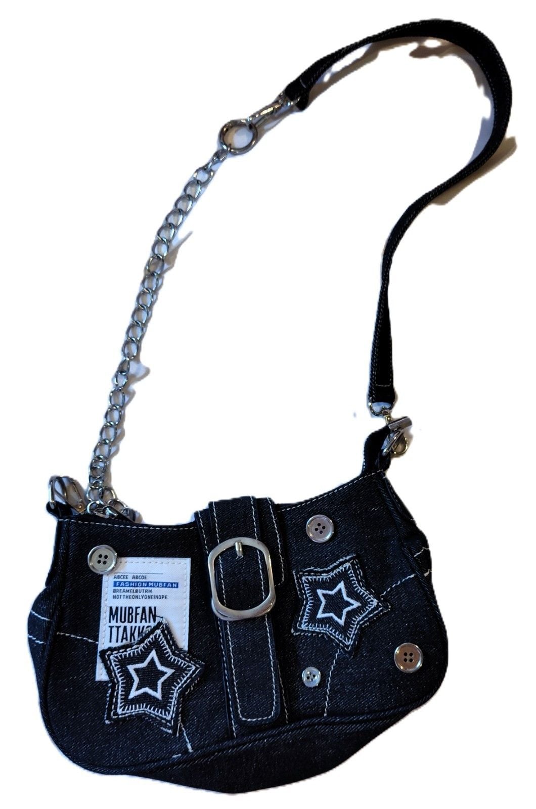 Y2K-Style Grunge Retro Denim Star Shoulder Hobo Bag Buckle Strap Silver Chain 2
