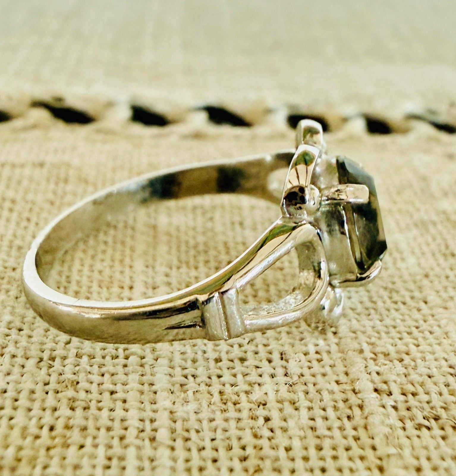Vintage Rhodium Electroplate Ring Smoky Stone Pierced Shoulders Size 6.5 11