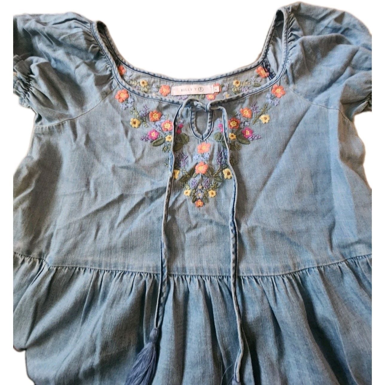 Billy T Petal Song Blue Denim Dress S Embroidered Floral Puff Sleeve BT8026D 3