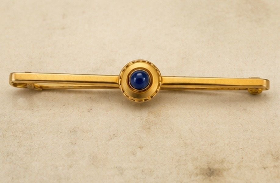 Antique 14K Gold & Sapphire Cabochon Bar Brooch | Edwardian c.1900–1920 8