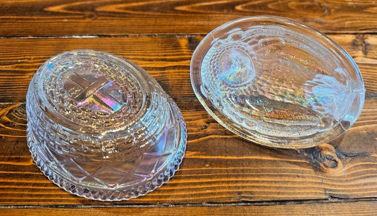 Vintage Mosser Glass Clear Iridescent Hen Nest Covered Dish Carnival Farm Decor 3