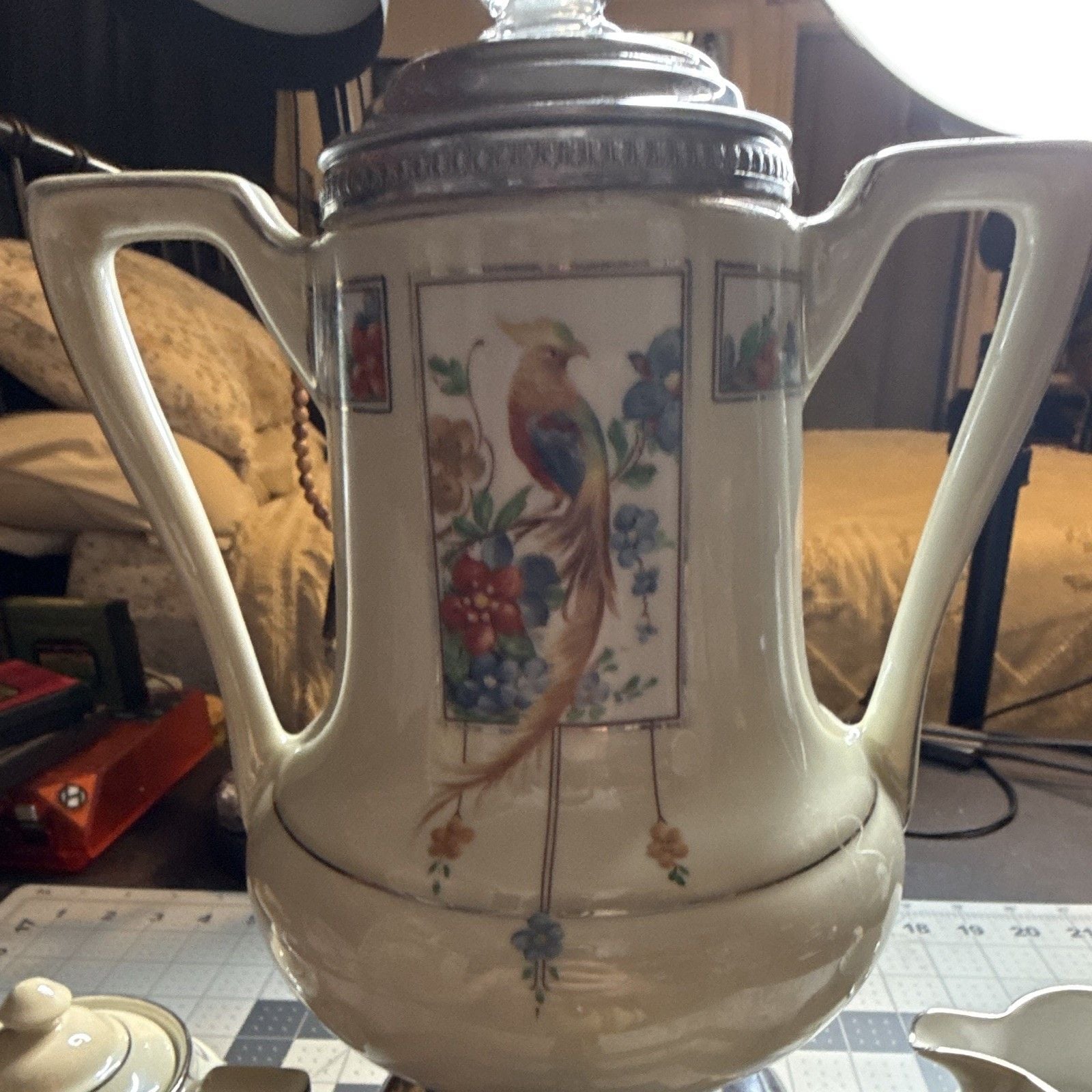 Robeson Rochester Electric Ceramic Coffee Pot Bird Pattern Metal Base w/ Lid 5