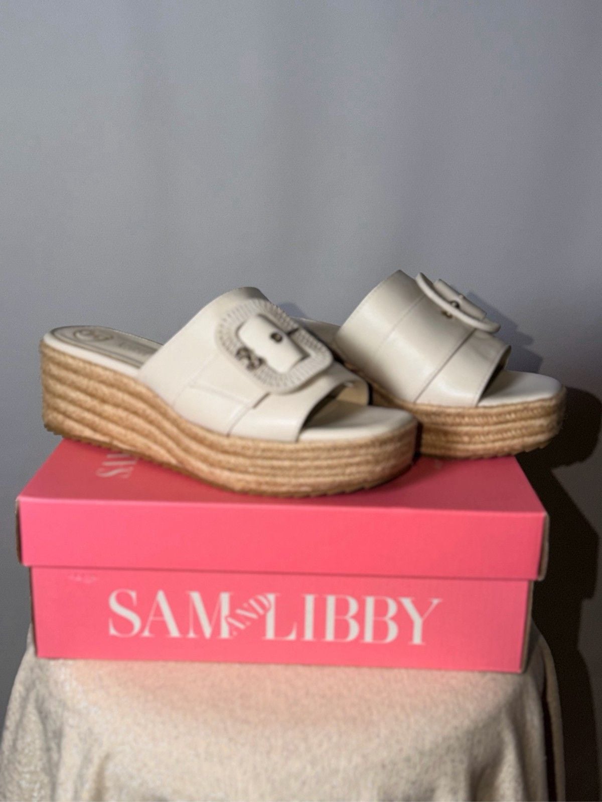 Sam & Libby Ivory Buckle Platform Espadrille Wedge Slide Sandals 2