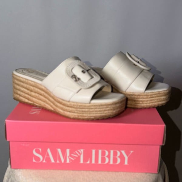 Sam & Libby Ivory Buckle Platform Espadrille Wedge Slide Sandals