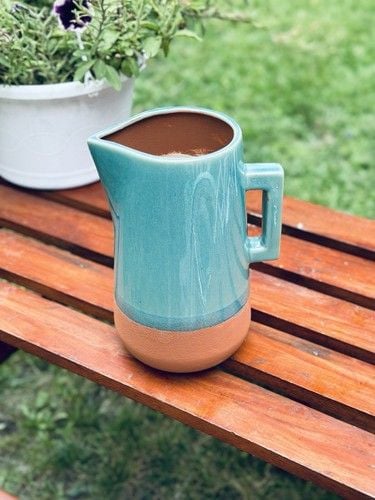 NOS New York Stoneware Handmade Turquoise & Terracotta Drink Pitcher 10” Tall 15