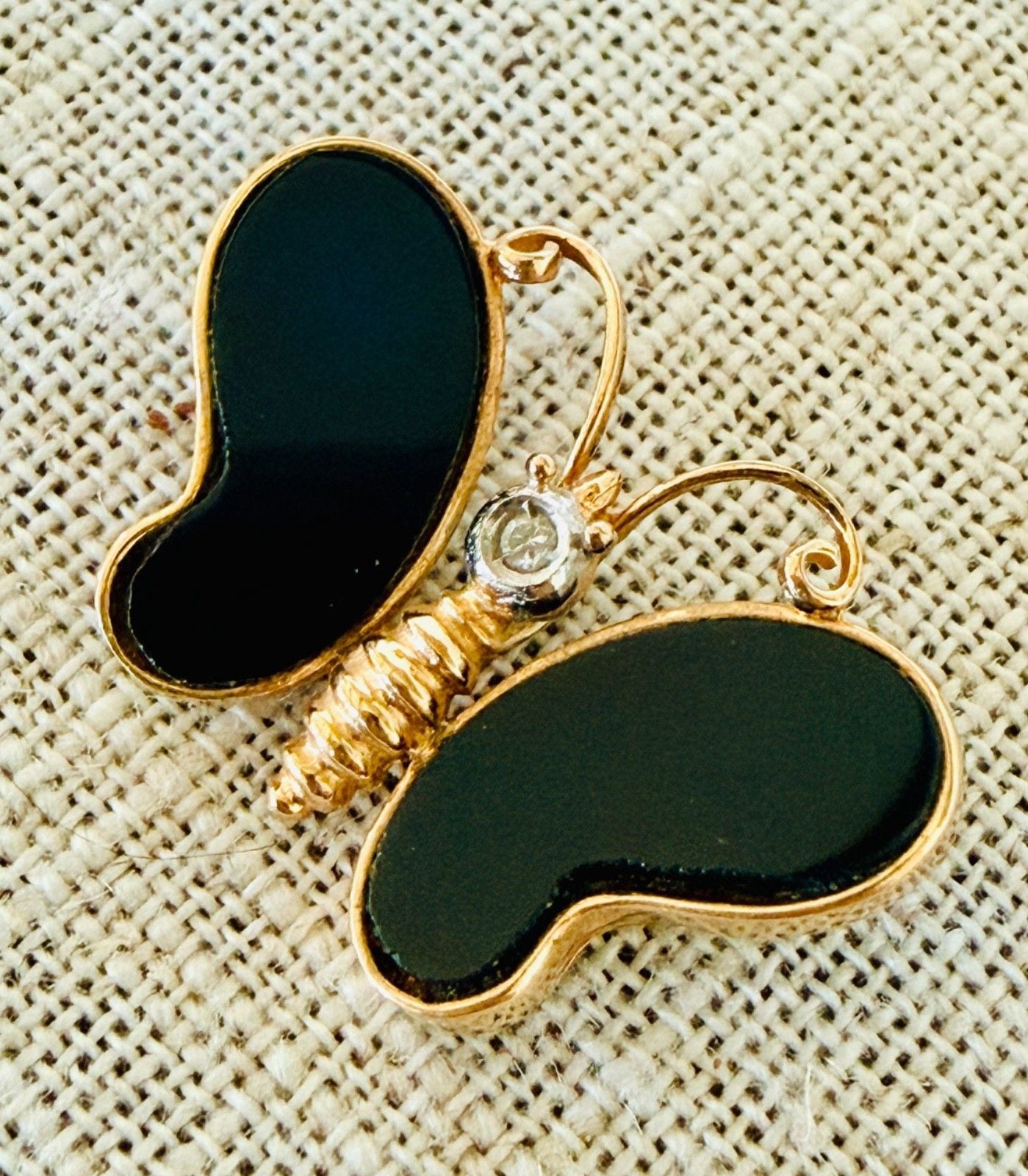 Vintage 14K Gold Black Onyx Butterfly Brooch | Diamond Accent 2.2 g 5