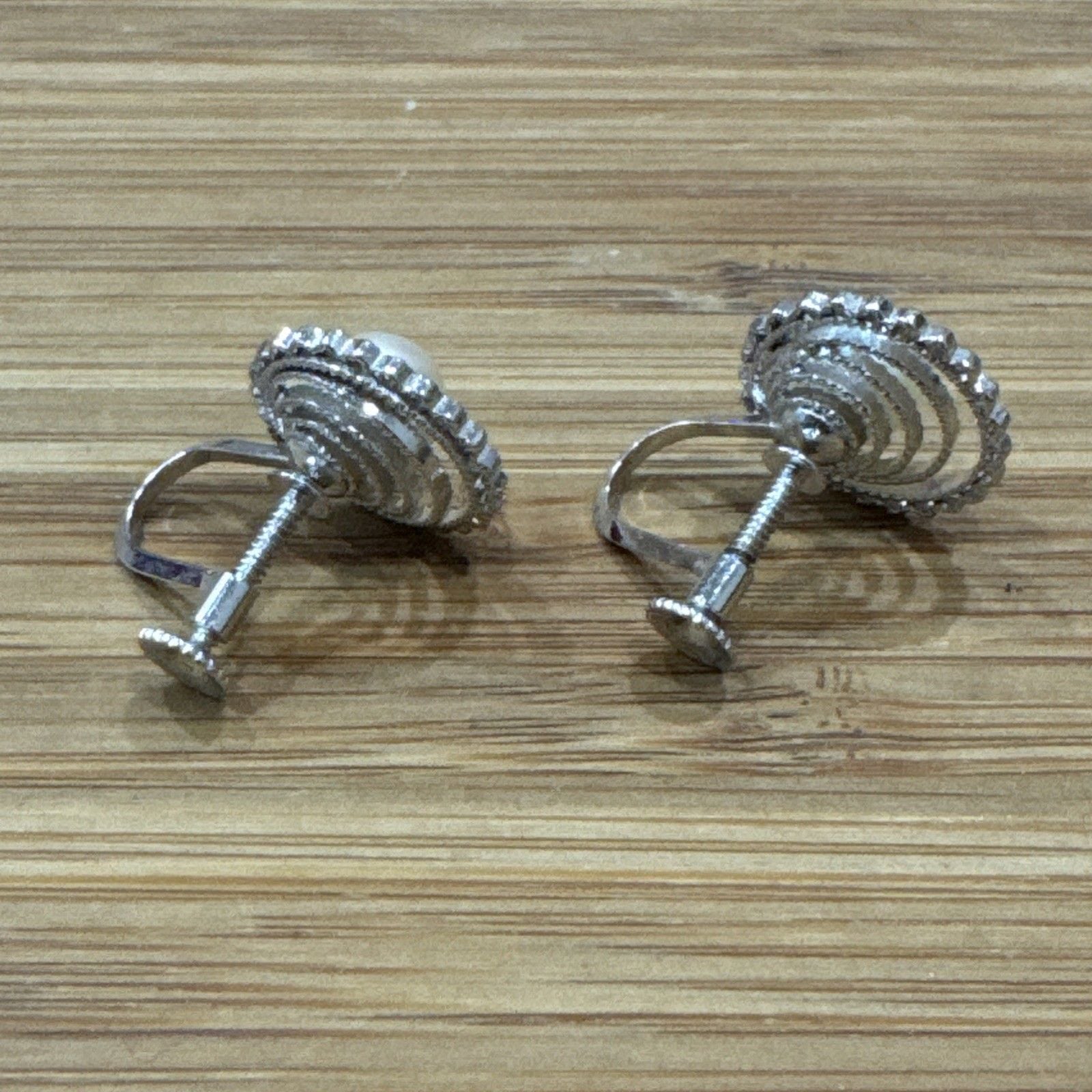 Vintage Sterling Silver Genuine Pearl Screw Back Earrings Swirl Floral 5