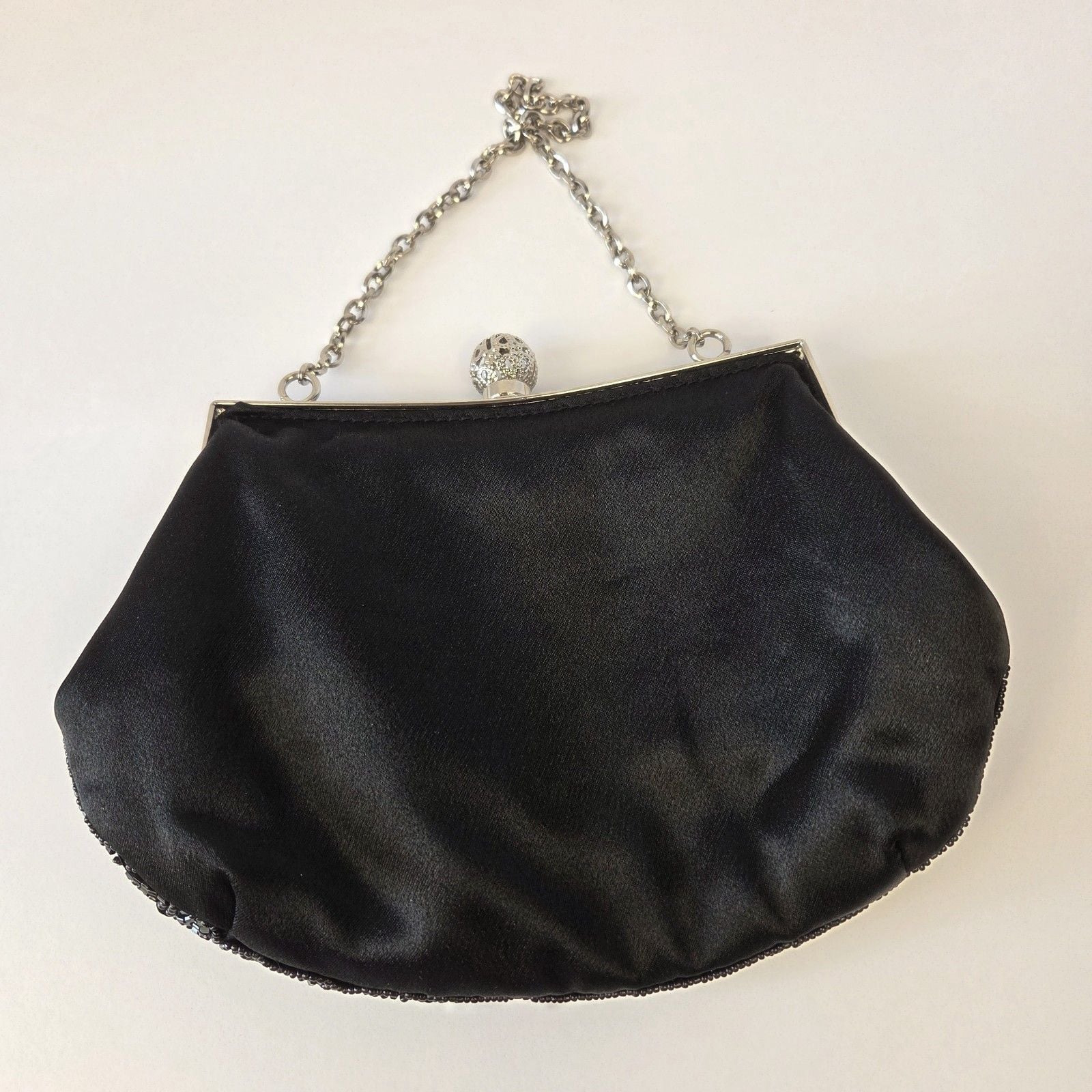 Menbur Black Beaded Clutch Evening Bag Silver Chain Strap Filigree Clasp Closure 7