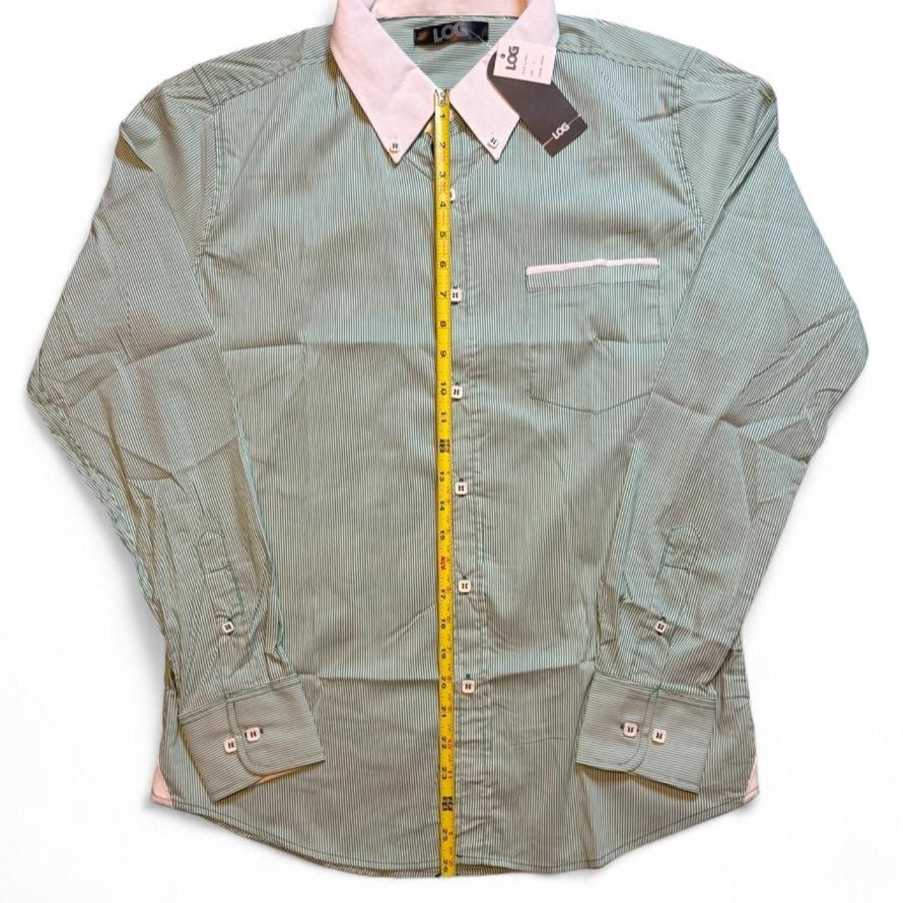 Log wear Green white striped button-up shirt with white collar and cuffs, size Large dimensions are in the pictures brand new with tags 3