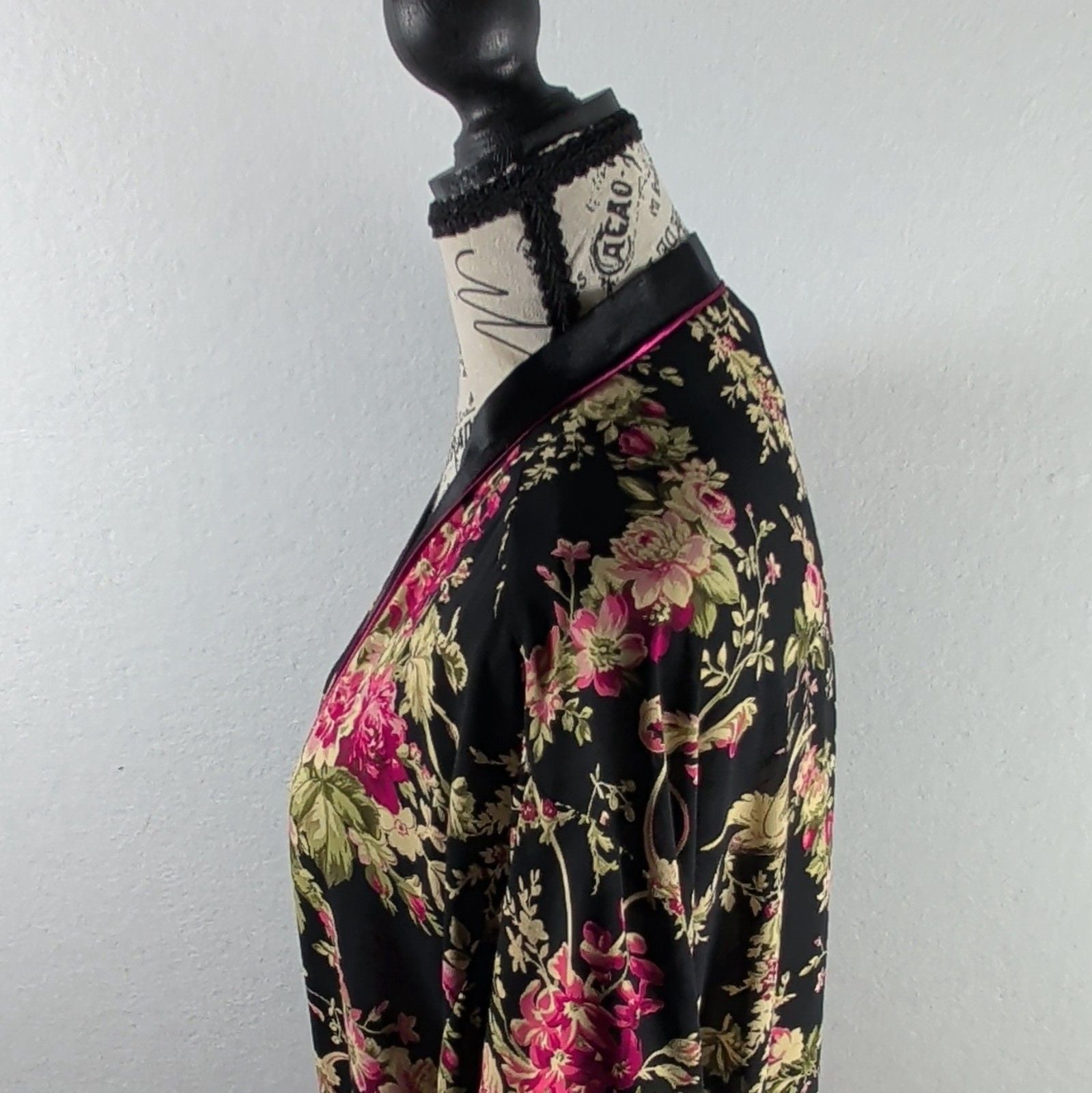 Oscar de la Renta Pink Label Floral Bird Kimono Robe Satin Look Black L XL Poly 6