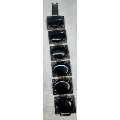Park Lane Vintage Black Glass Cabochon Silver Tone Charm Bracelet 5