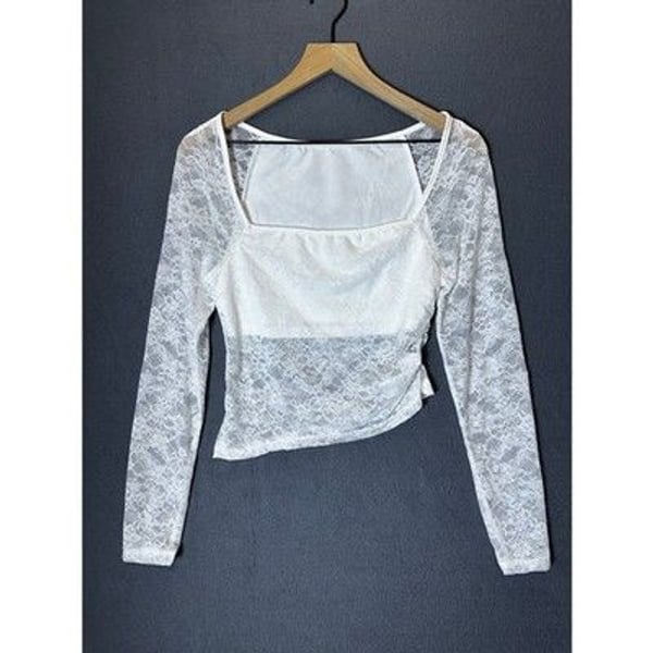 SHEIN White Lace Long Sleeve Square Neck Asymmetrical Top Women's Medium
