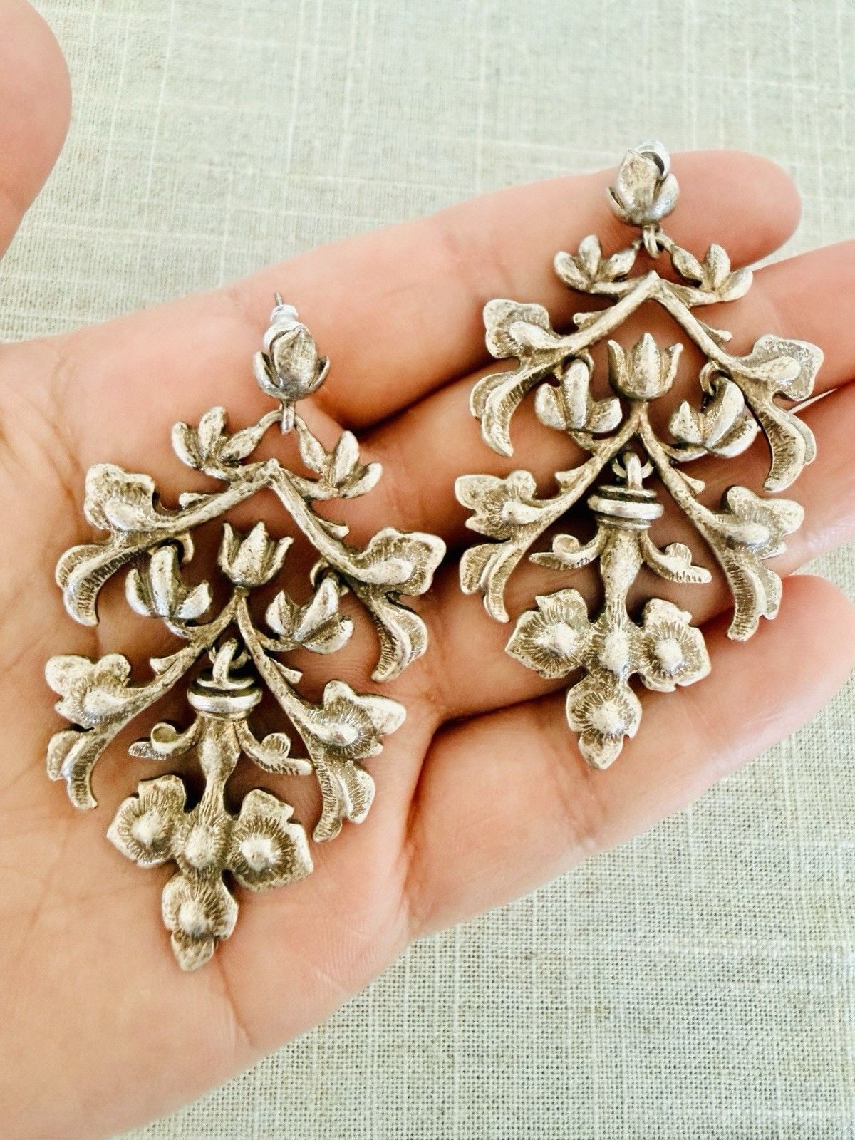 Art Nouveau Sterling Silver Chandelier Dangle Earrings 2.5” Floral 23.7g 4