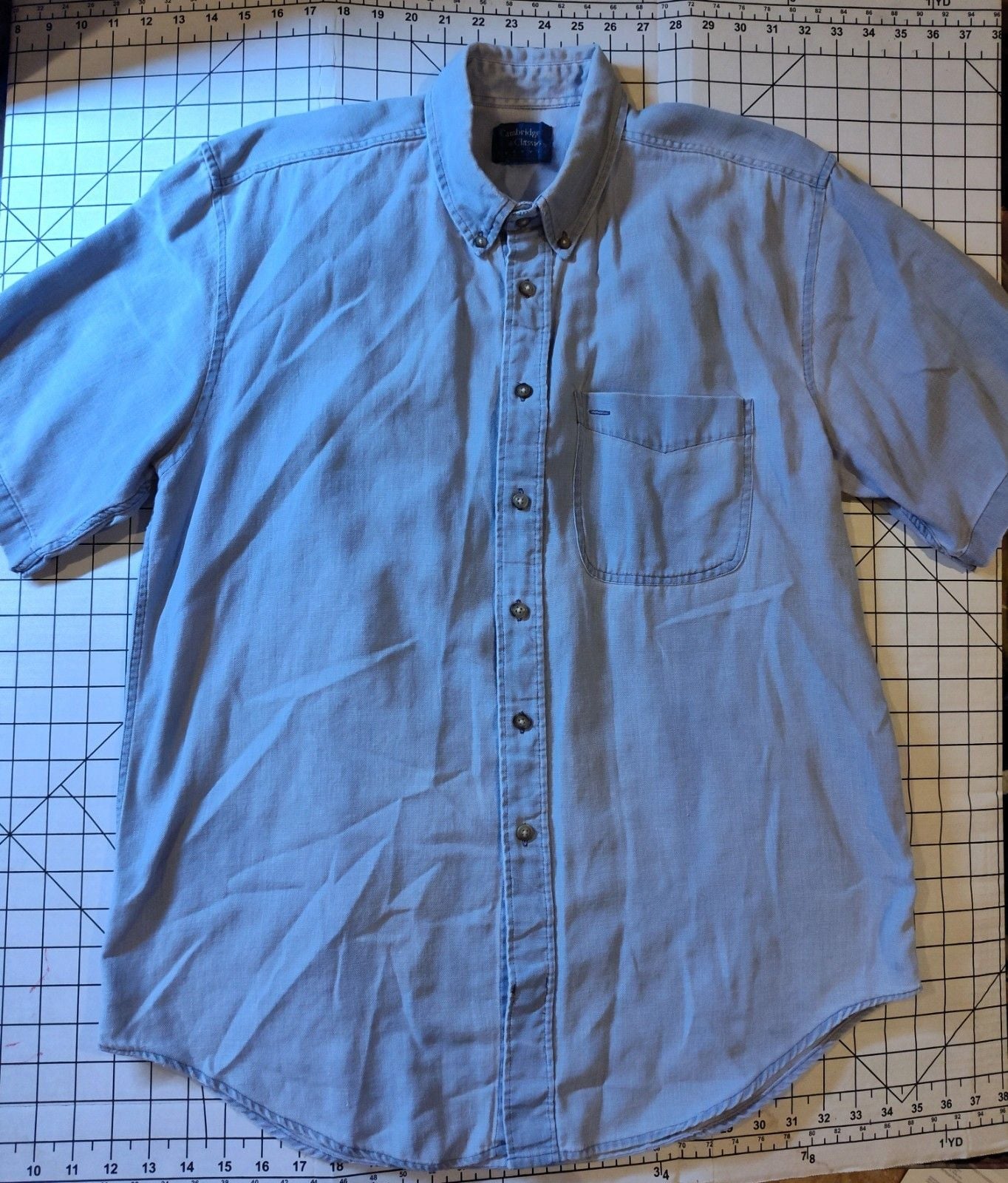 Vintage Cambridge Classics Men's Short Sleeve Button down Shirt Denim like Sz L 3