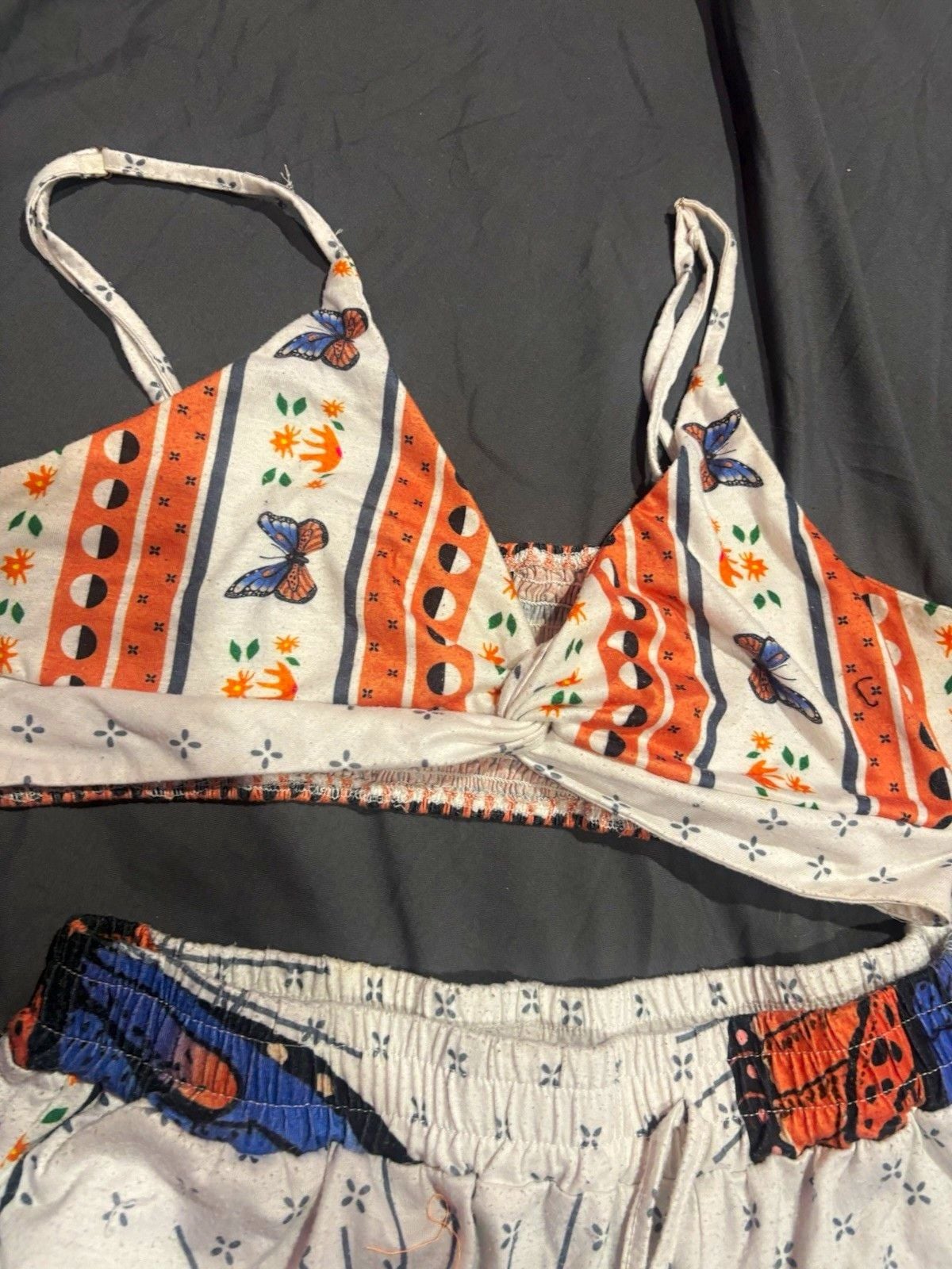 Women’s L Butterfly Pajama Set Sleeveless V-Neck Bralette Top Drawstring Pants 1