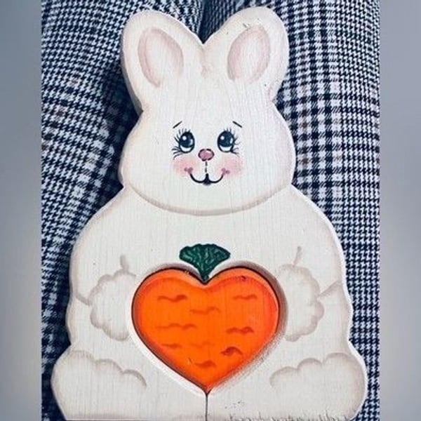 Vintage Handmade Hand Carved Wooden Bunny Shelf Sitter With Cut Out Heart Carrot