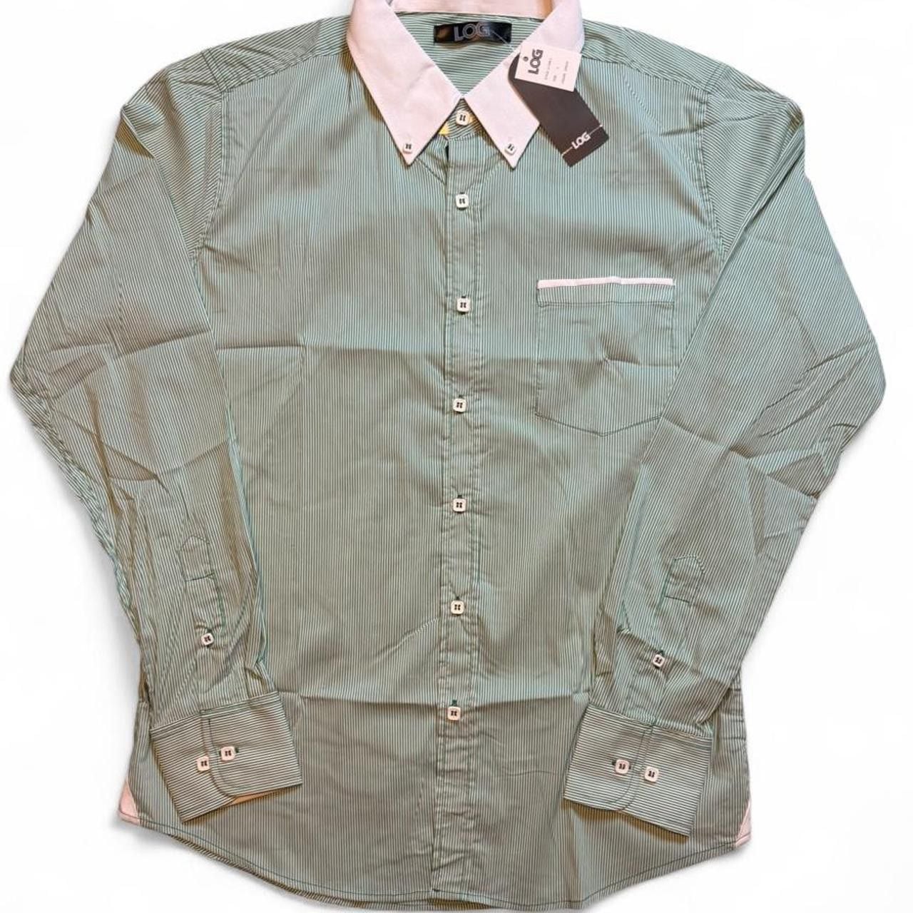 Log wear Green white striped button-up shirt with white collar and cuffs, size Large dimensions are in the pictures brand new with tags 2