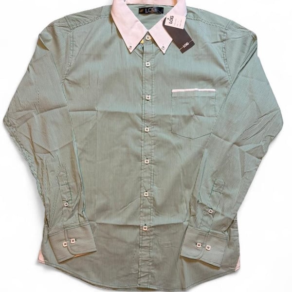 Log wear Green white striped button-up shirt with white collar and cuffs, size Large dimensions are in the pictures brand new with tags