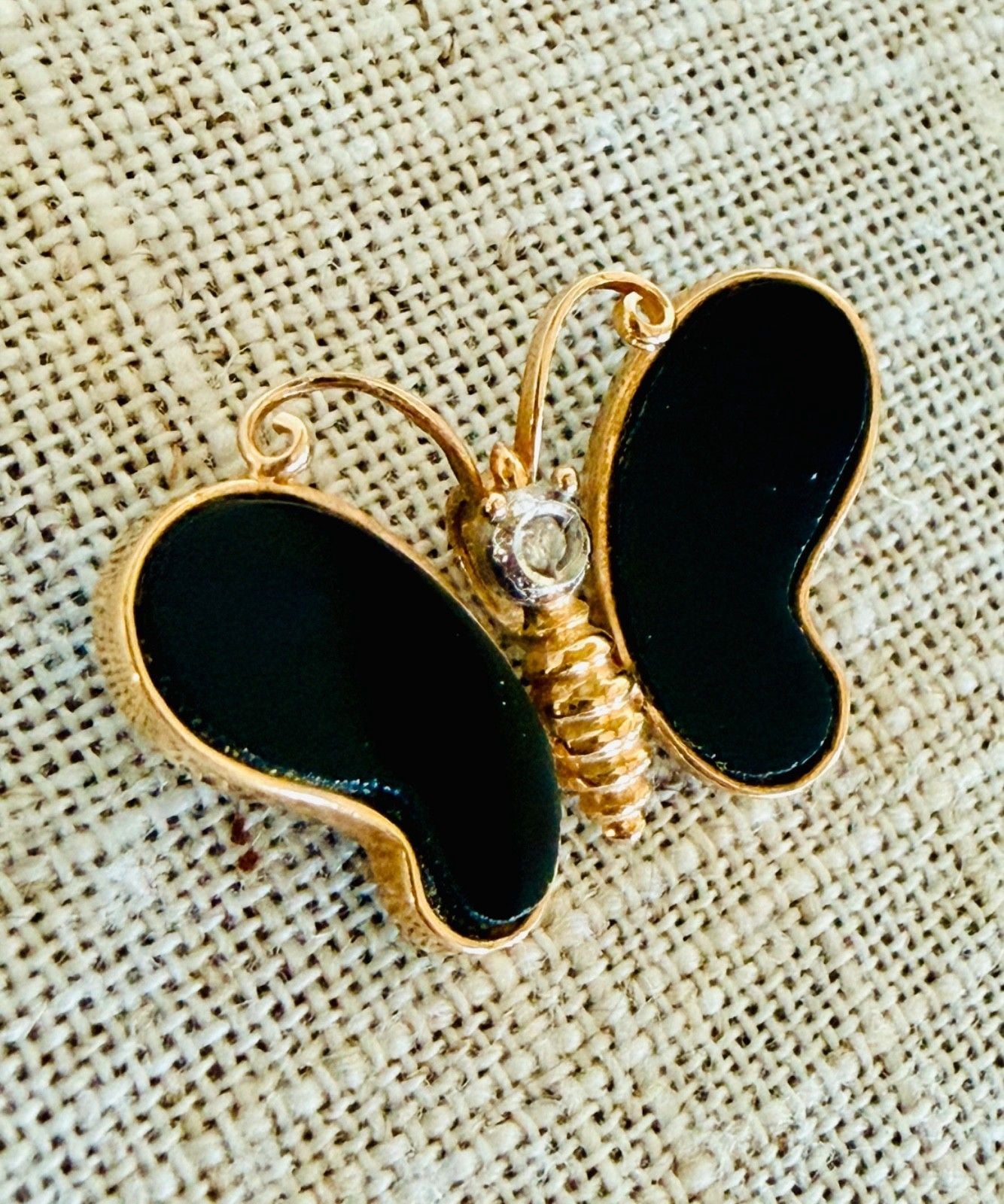 Vintage 14K Gold Black Onyx Butterfly Brooch | Diamond Accent 2.2 g 4