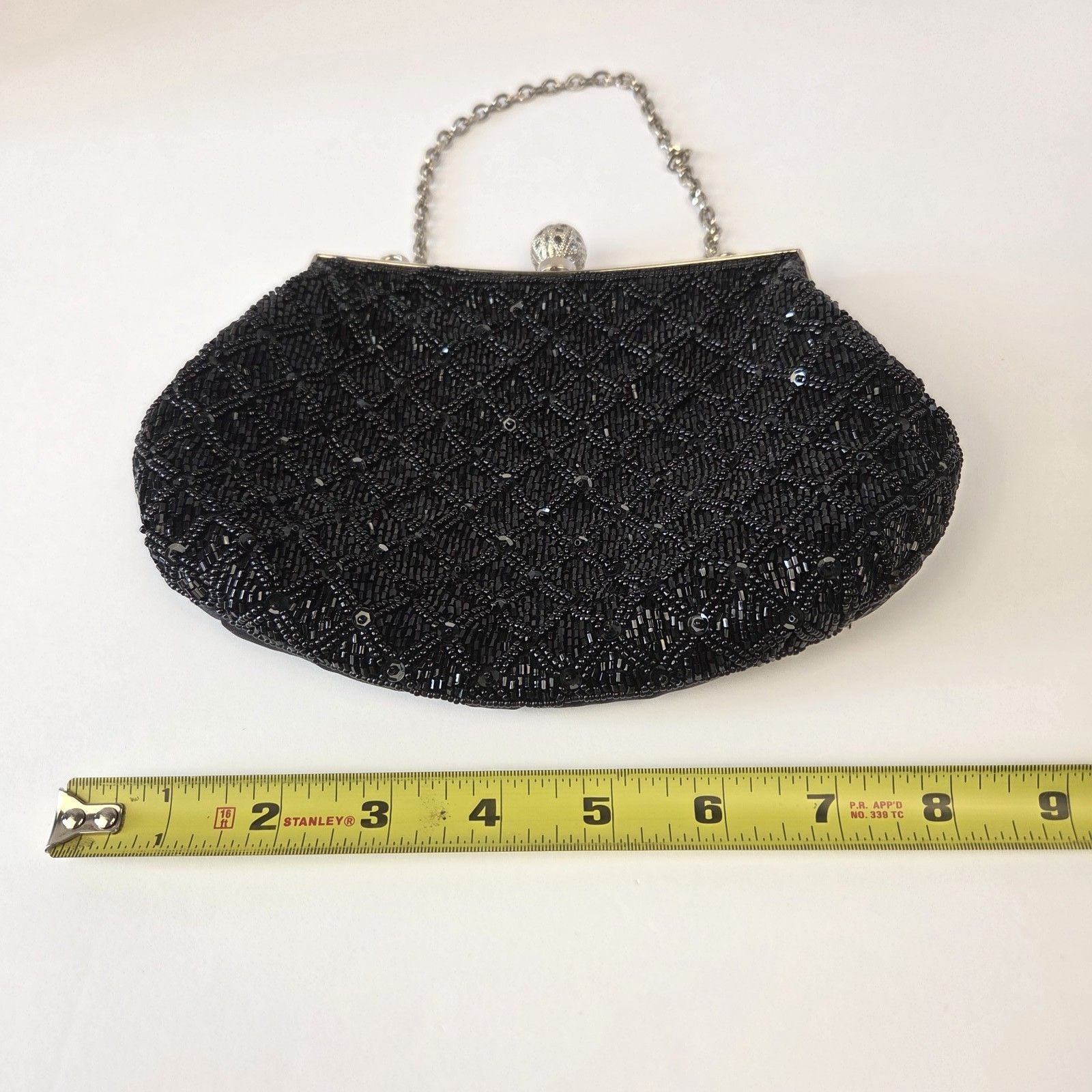 Menbur Black Beaded Clutch Evening Bag Silver Chain Strap Filigree Clasp Closure 13