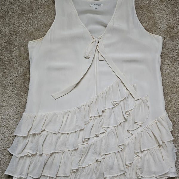 Banana Republic Women XL Ivory Ruffle Sleeveless Tie Front Blouse High Low