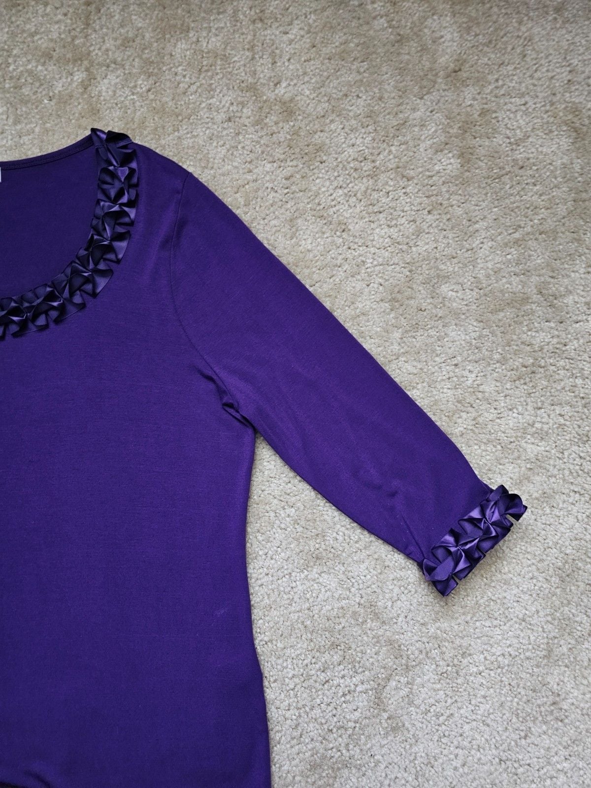 August Silk Women's XL Purple 3/4 Sleeve Top Satin Ruffle Rosette Trim Scoop Nec 4