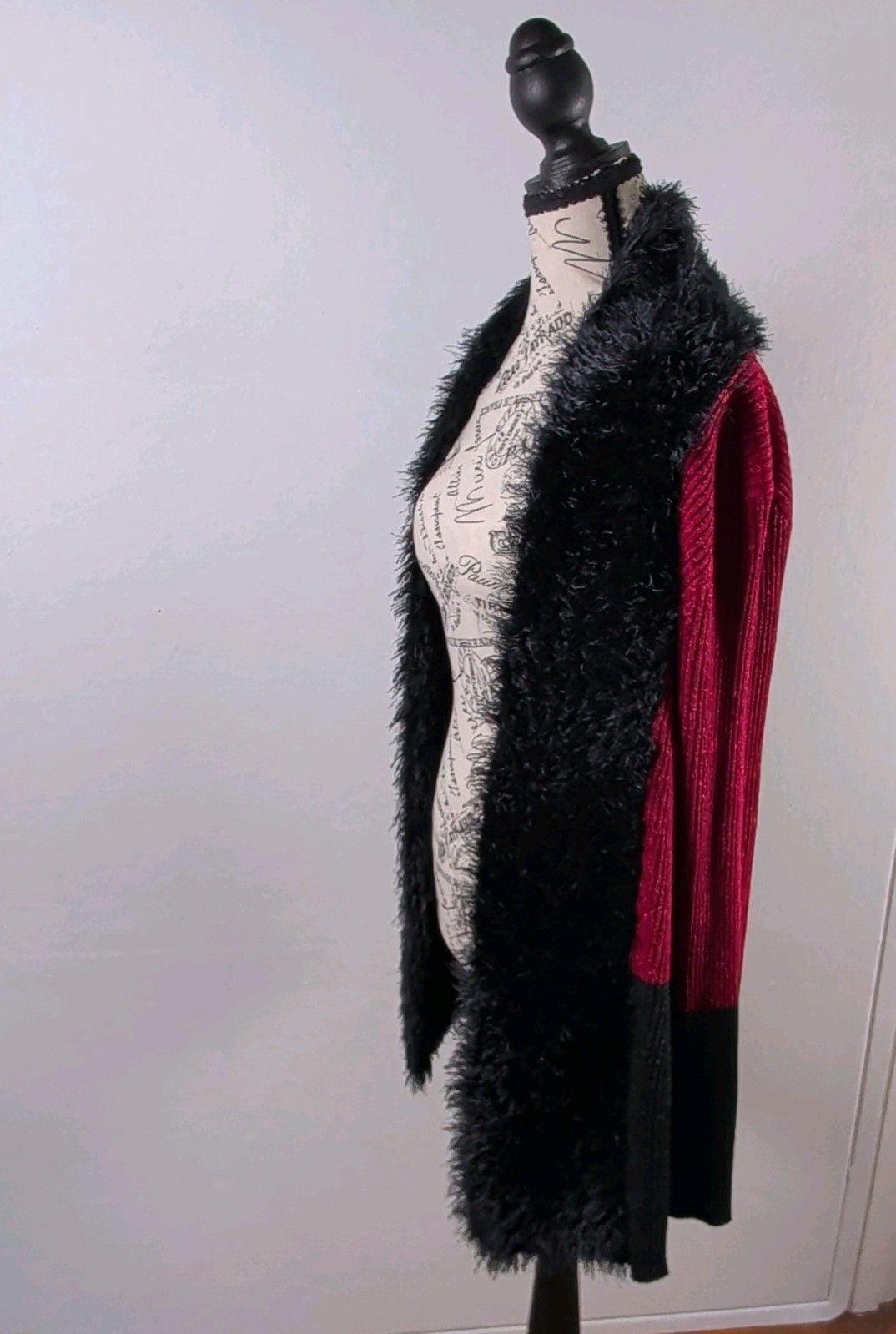 Lauren Michelle Red Black Knit Open Front Faux Fur Trim Cardigan Sweater XL 4