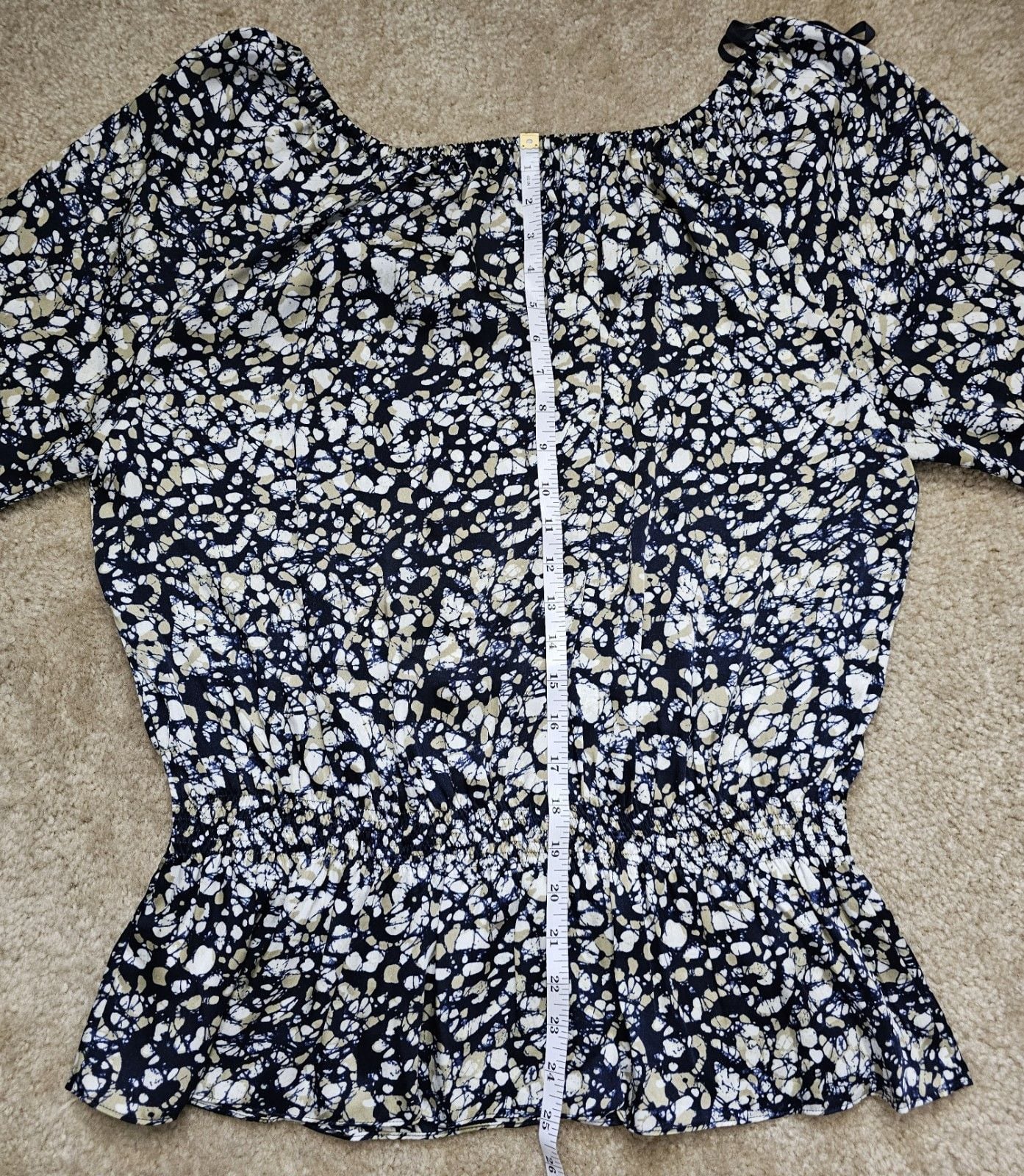 Michael Kors Women's Abstract Print Peplum Blouse Long Sleeve Navy Tan White 11