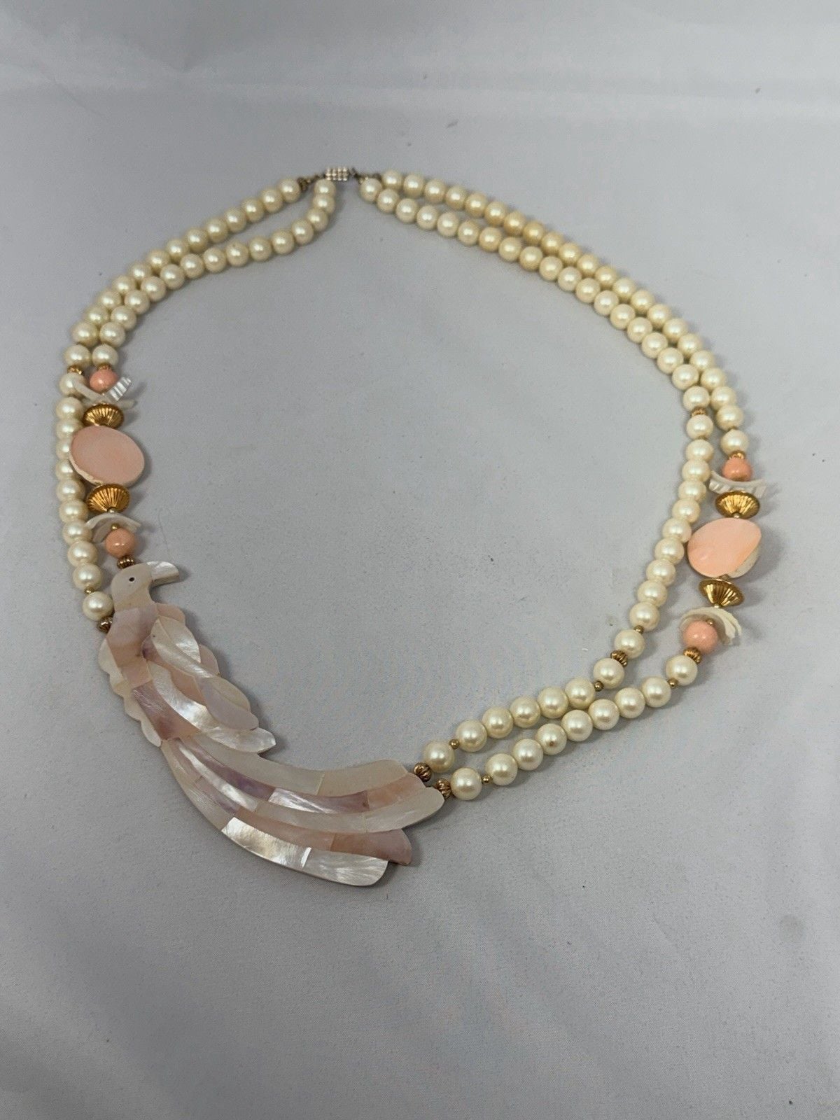 Vtg Mother Of Pearl Carved Bird Statement Necklace Faux Pearl Coral Multi Strand 6