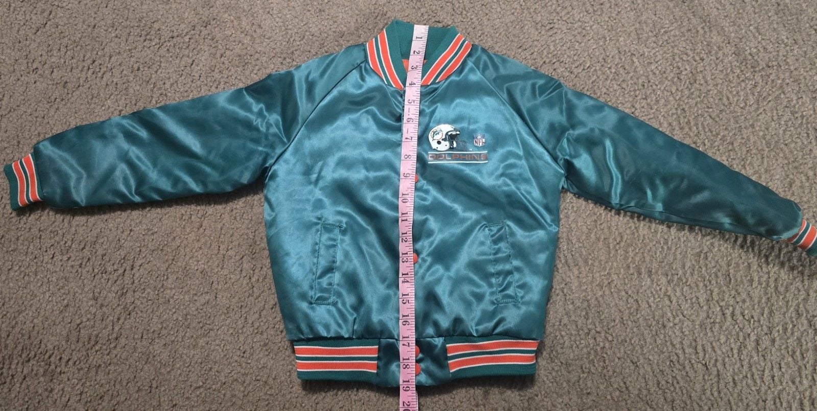 VTG 90s NFL MIAMI DOLPHINS CHALK LINE SATIN JACKET BOMBER SPELLOUT KIDS SZ 6/7 7