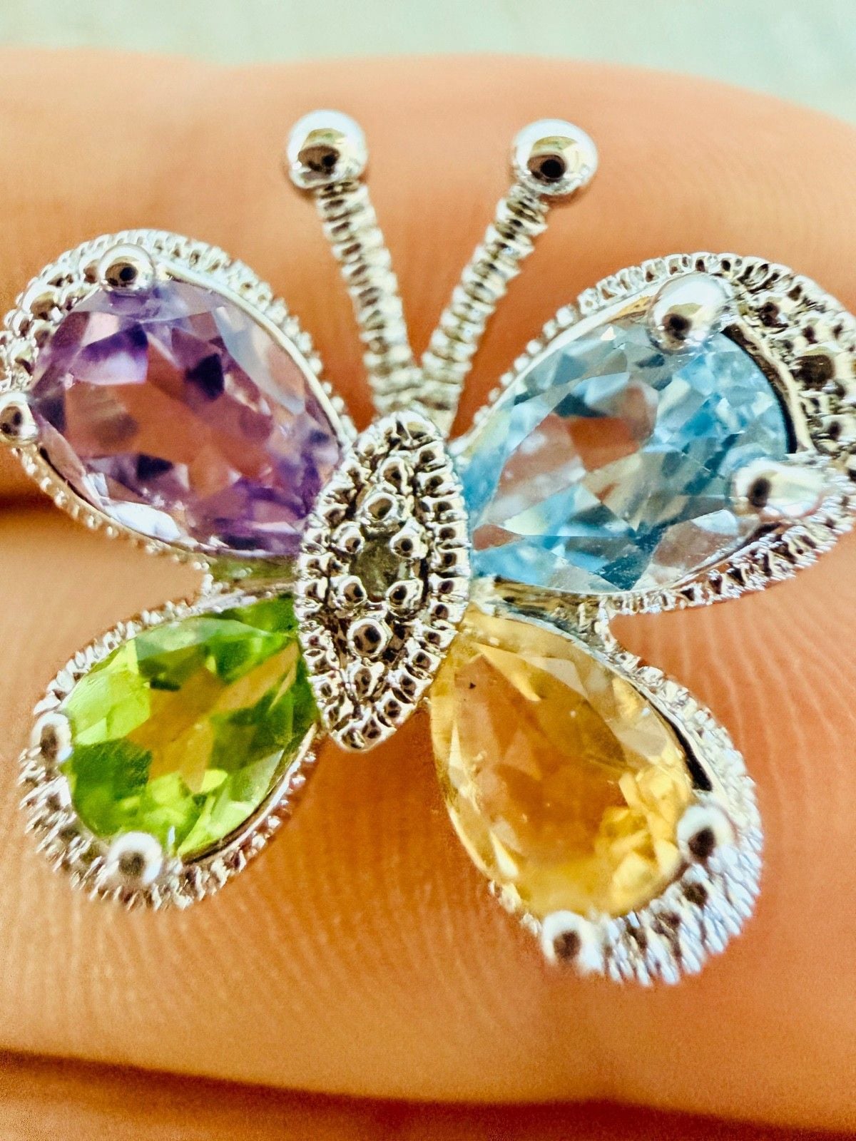 Vintage Sterling Silver Butterfly Pendant Amethyst Topaz Peridot Citrine 5
